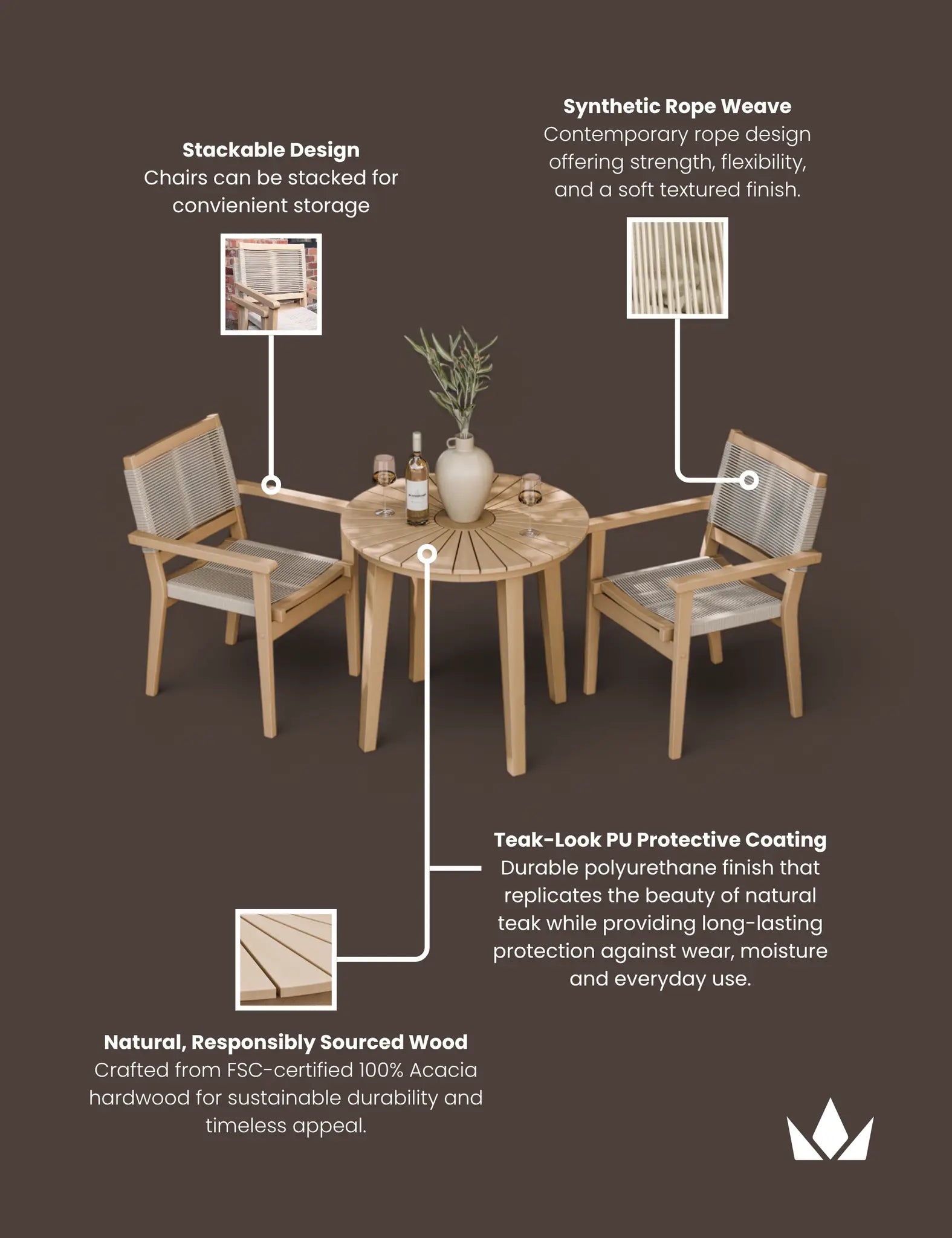 Royalcraft Roma 2 Seater Round Sunray Garden Bistro Set with Rope Stacking Chairs | 80cm | FSC Acacia