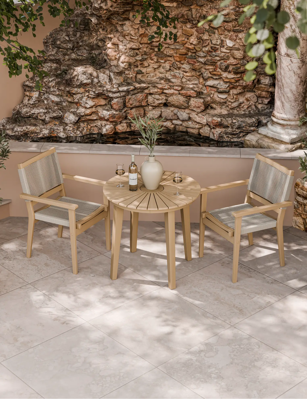 Royalcraft Roma 2 Seater Round Sunray Garden Bistro Set with Rope Stacking Chairs 80cm in FSC acacia