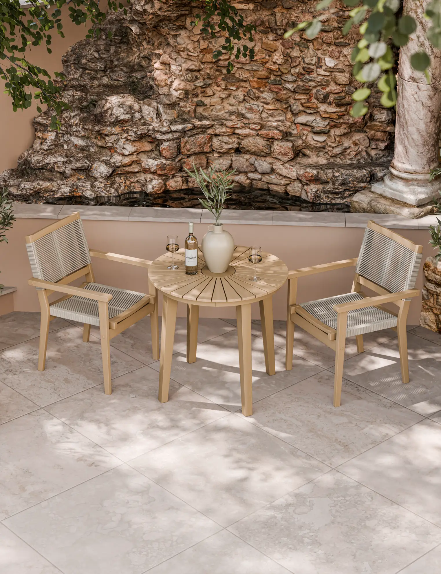 Royalcraft Roma 2 Seater Round Sunray Garden Bistro Set with Rope Stacking Chairs 80cm in FSC acacia