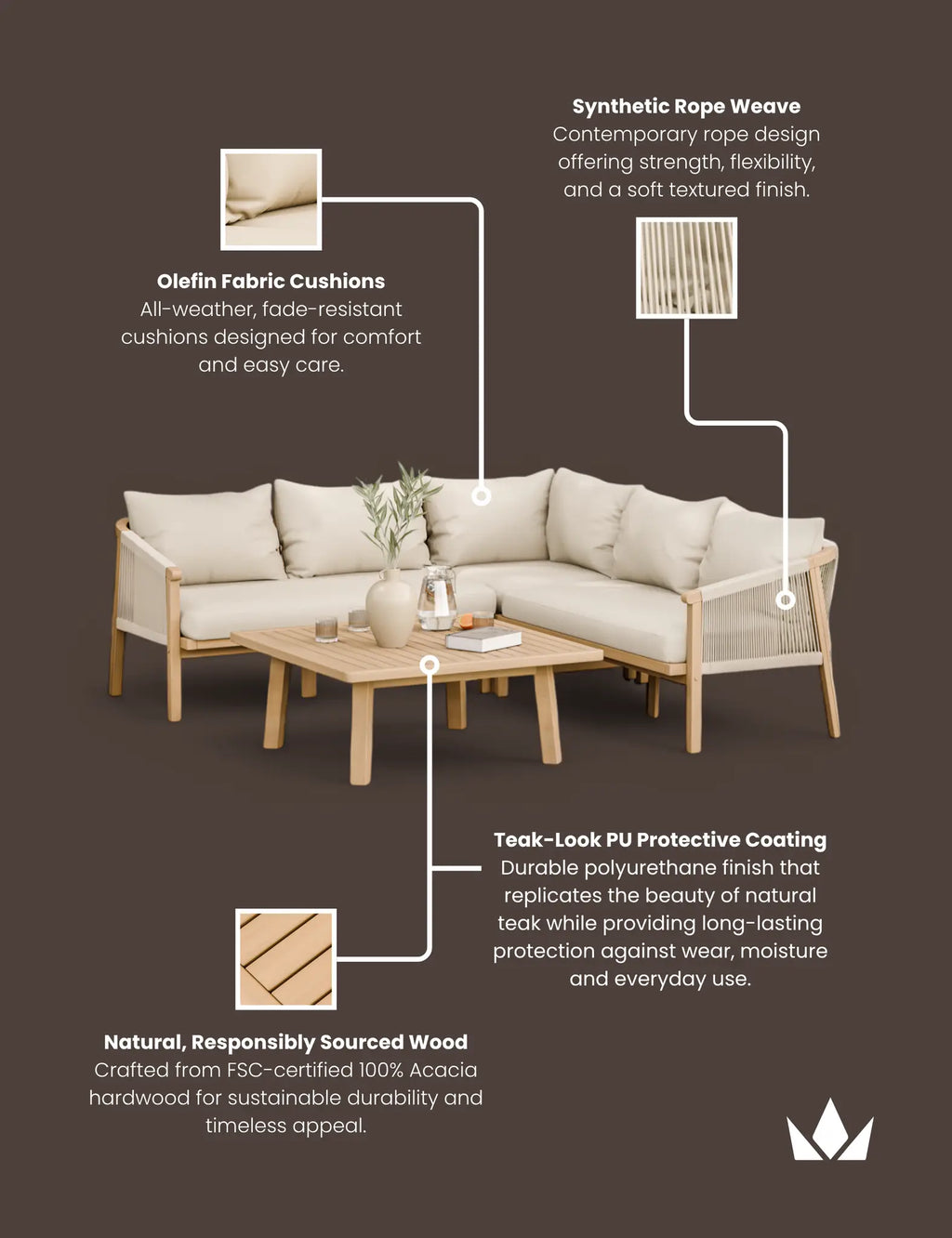 Royalcraft Roma 5 Seater Corner Garden Lounge Set with Coffee Table | FSC Acacia