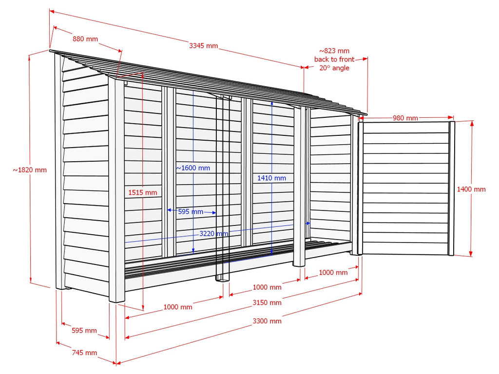 Wooden Garden Tool Storage W-335cm, H-126cm or 180cm, D-88cm