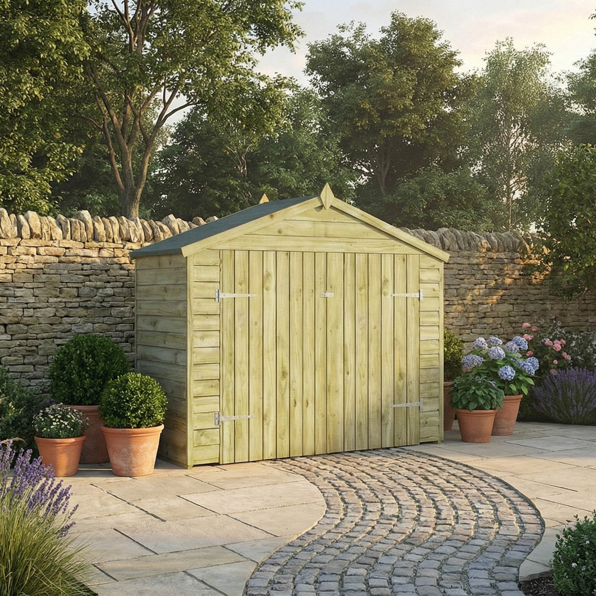 Mercia Overlap Apex Bike Store in garden setting
