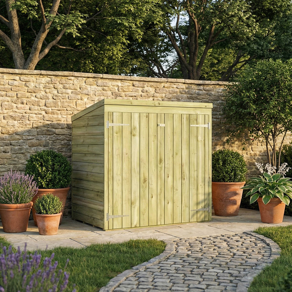 Mercia Overlap Pent Mowerstore in garden setting