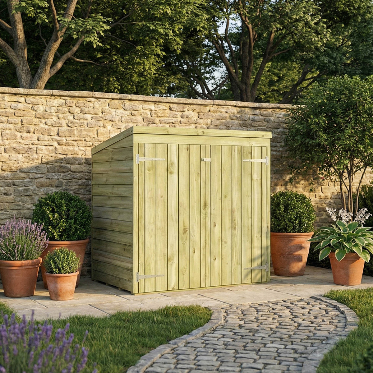 Mercia Overlap Pent Mowerstore in garden setting