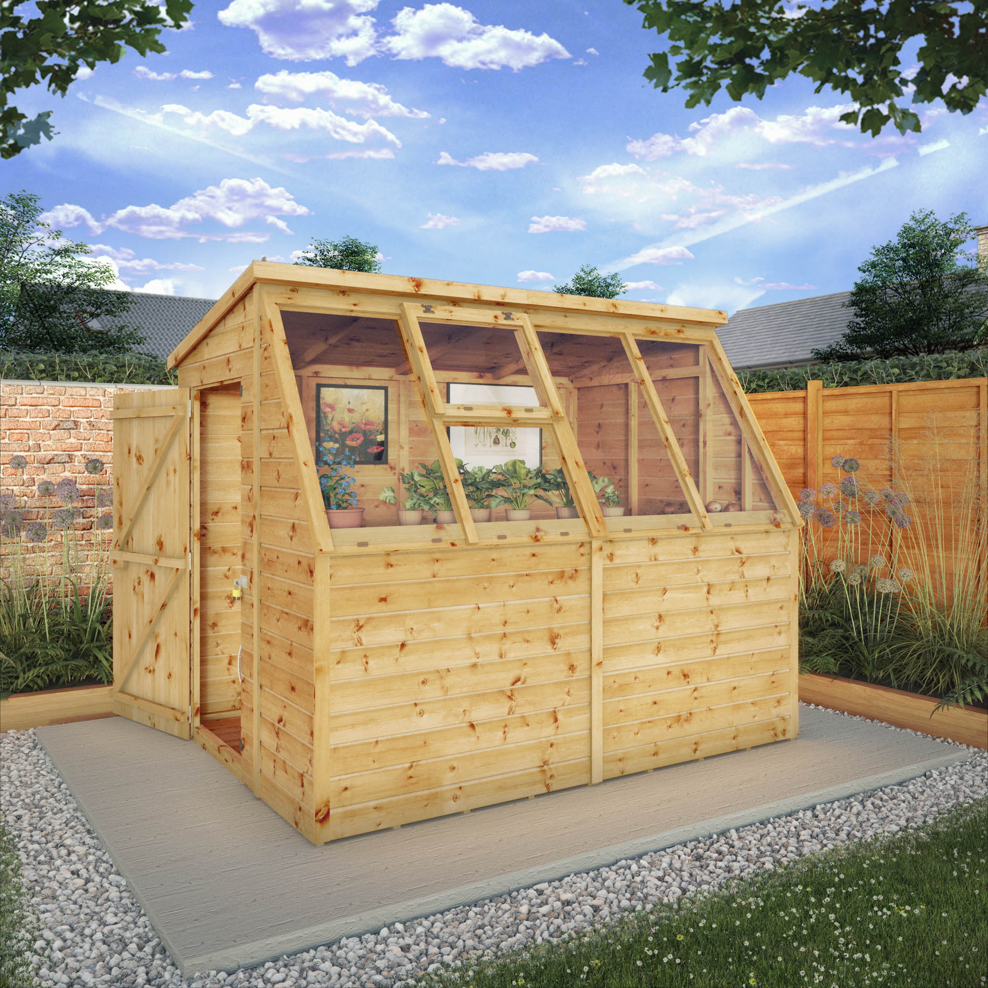 Mercia 8x6 Traditional Potting Shed side view with door open