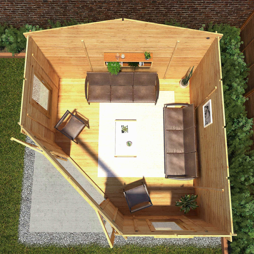 Mercia Corner Log Cabin aerial garden view