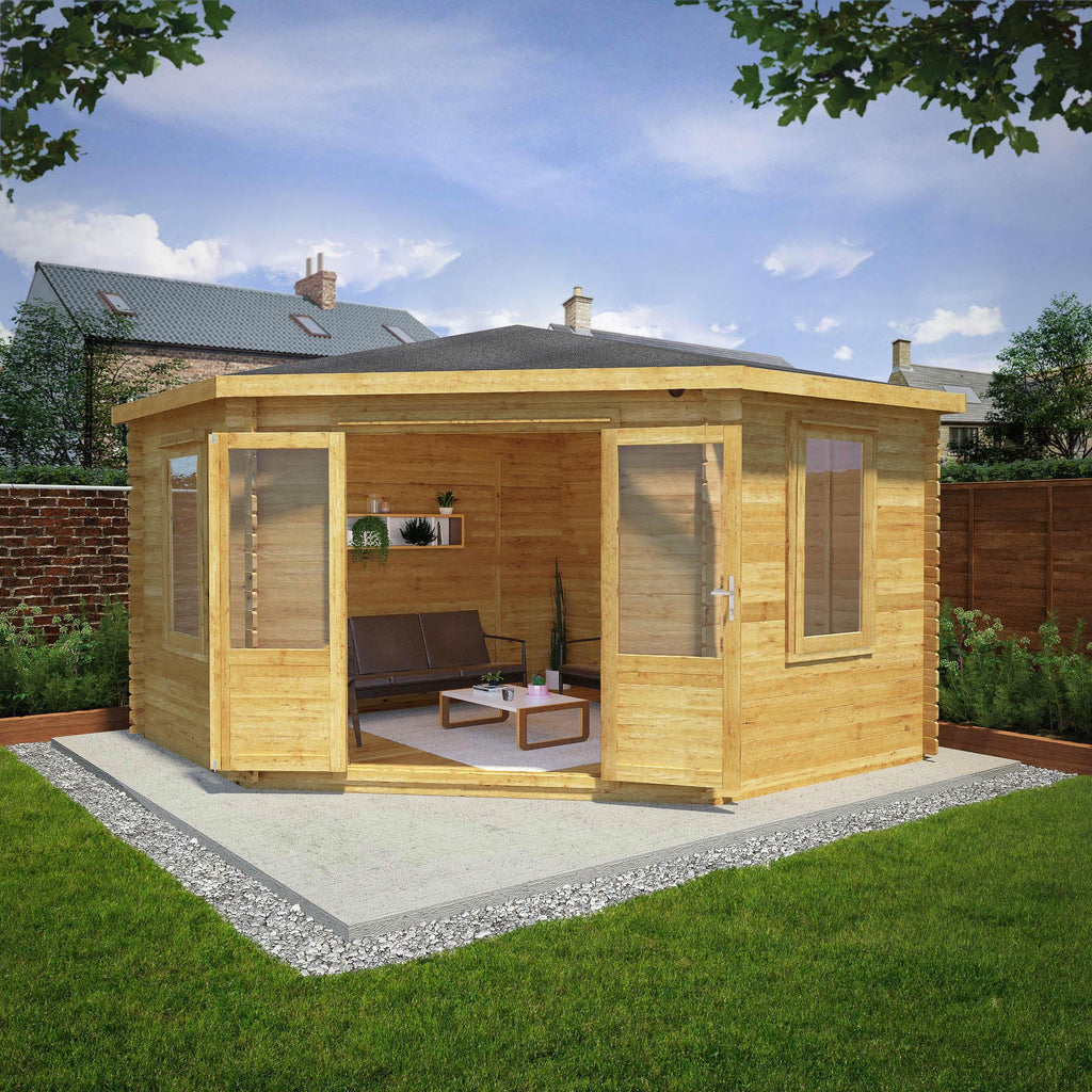 Mercia Corner Log Cabin doors open