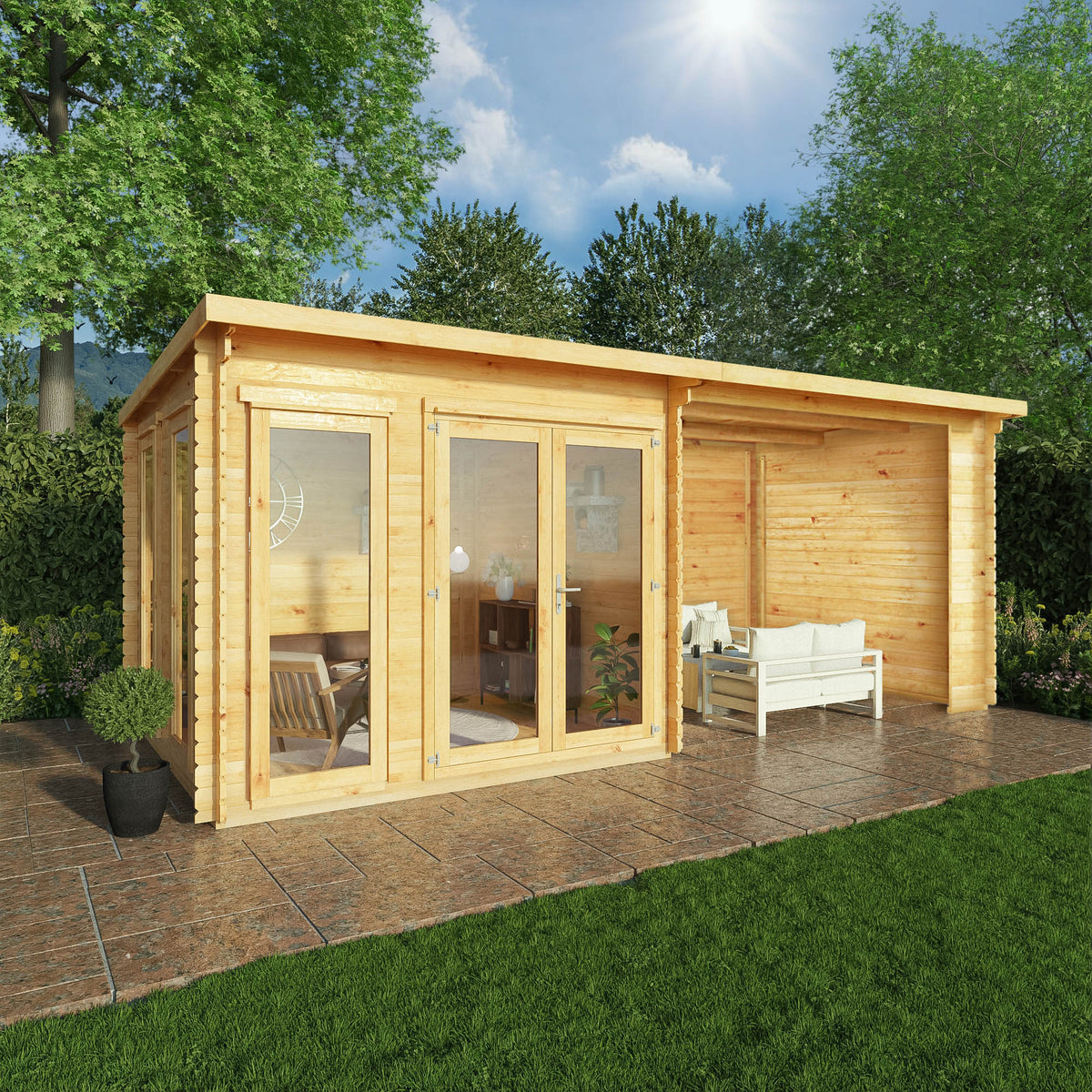 Mercia Studio Pent Log Cabin With Patio Area lifestyle setting