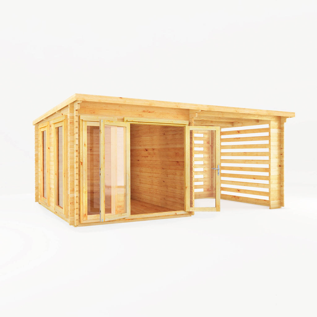 Mercia Studio Pent Log Cabin With Slatted Area doors open