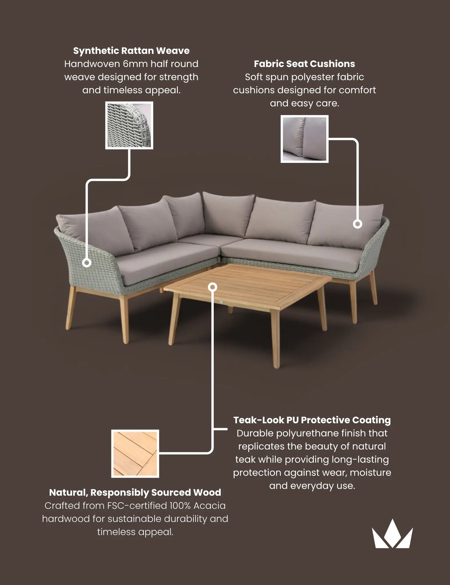 Royalcraft Sol 5 Seater Corner Garden Lounge Set with Coffee Table | Rattan & Acacia