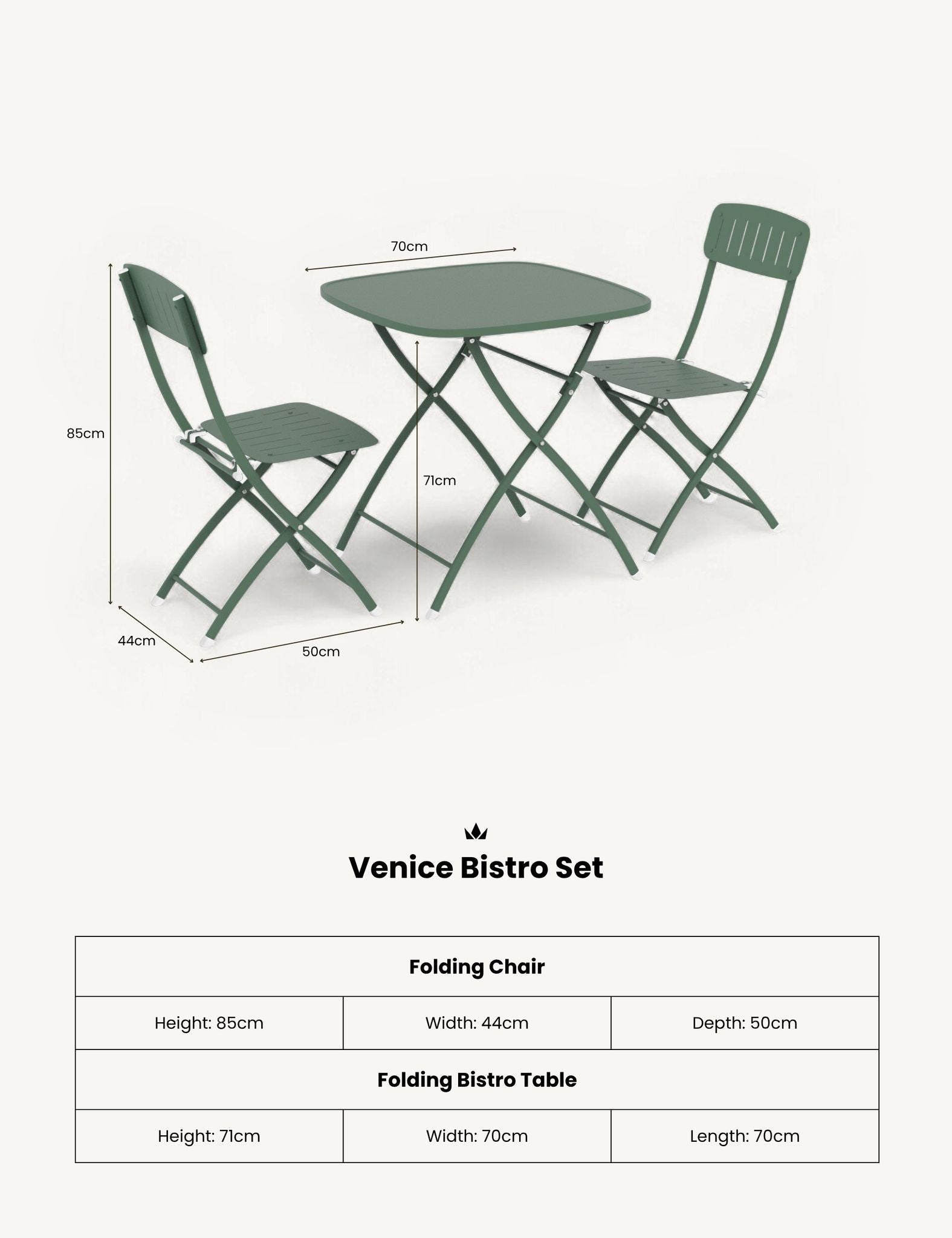 Royalcraft Venice 2 Seater Folding Garden Bistro Set | Moss Green | Steel