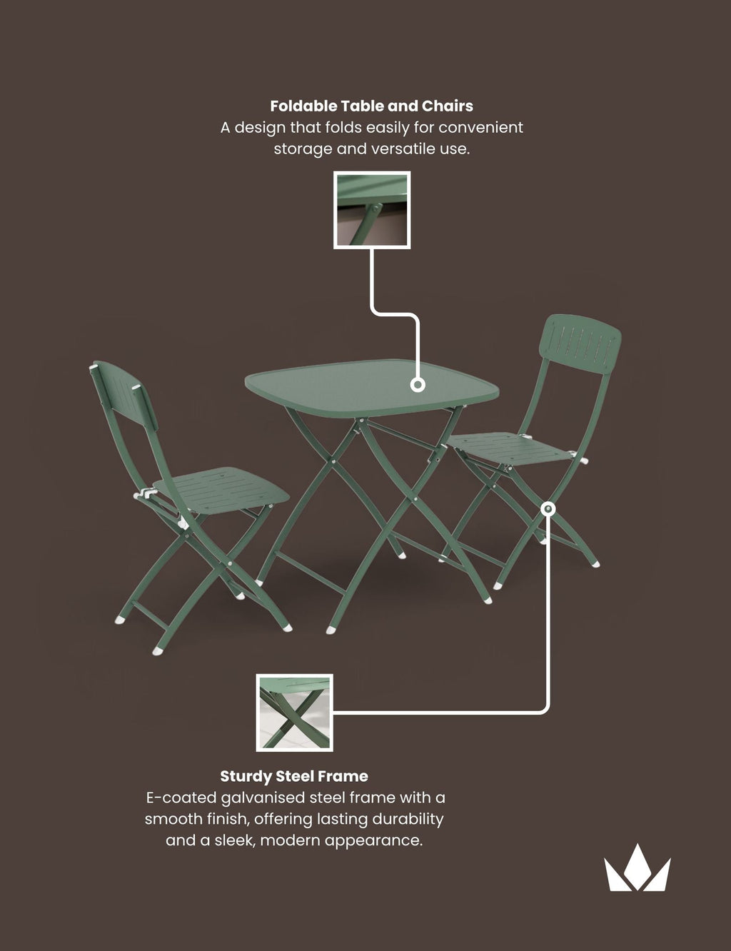 Royalcraft Venice 2 Seater Folding Garden Bistro Set | Moss Green | Steel