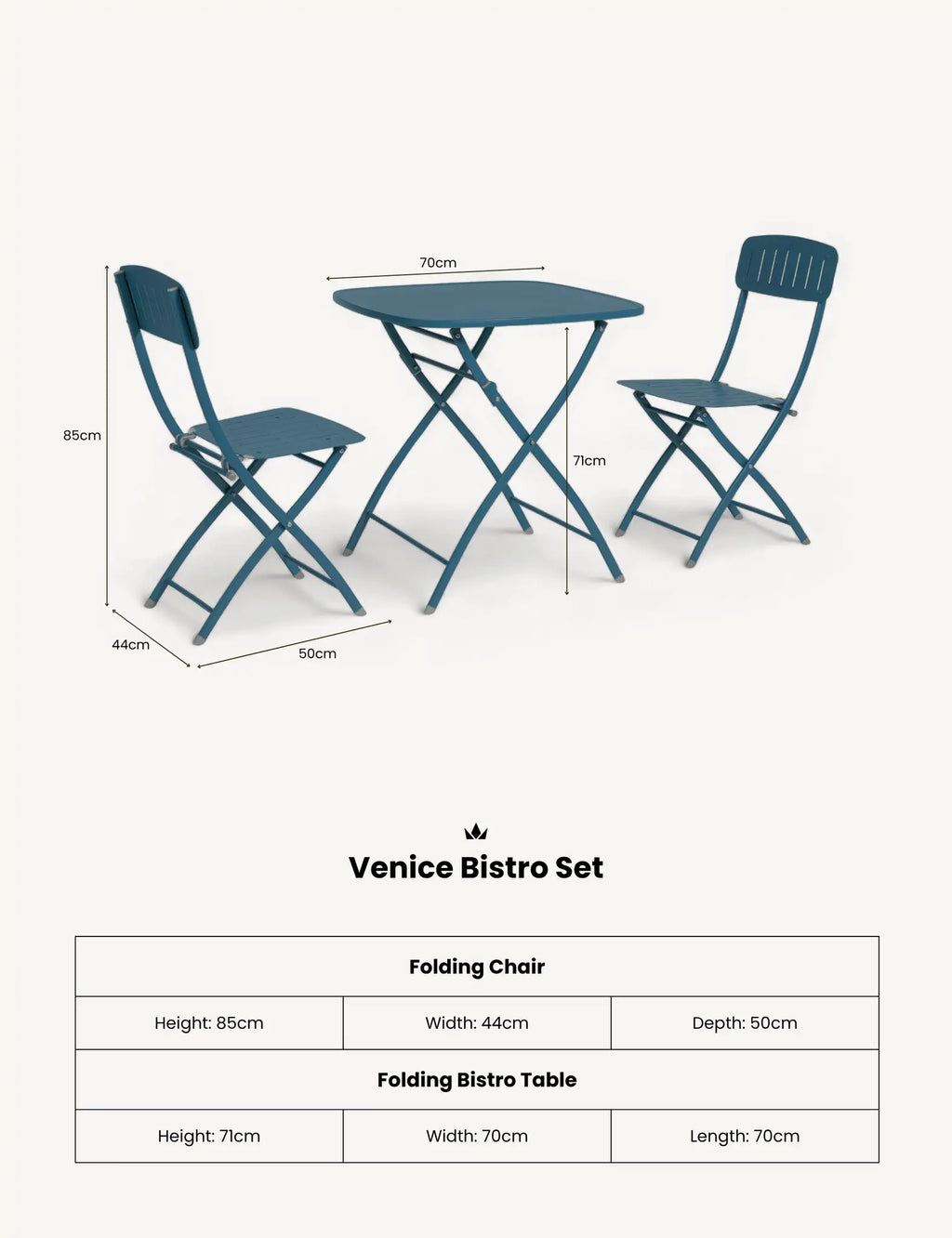 Royalcraft Venice 2 Seater Folding Garden Bistro Set | Caribbean Blue | Steel