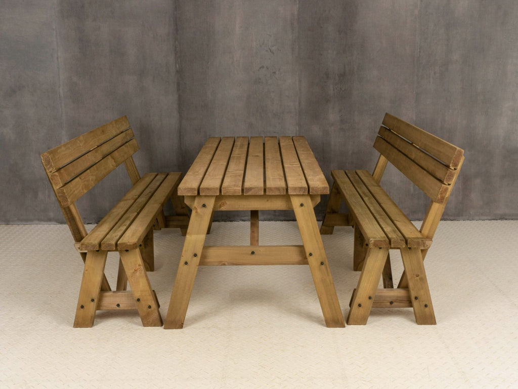 Victoria Picnic Table and Benches Set With Backrest - Rustic Finish