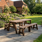 Victoria Rounded Picnic Table and Benches Set in rustic brown finish
