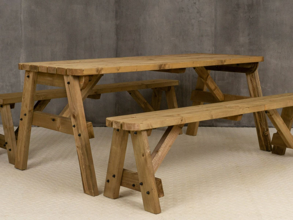 Victoria Rounded Picnic Table and Benches Set - Rustic Finish