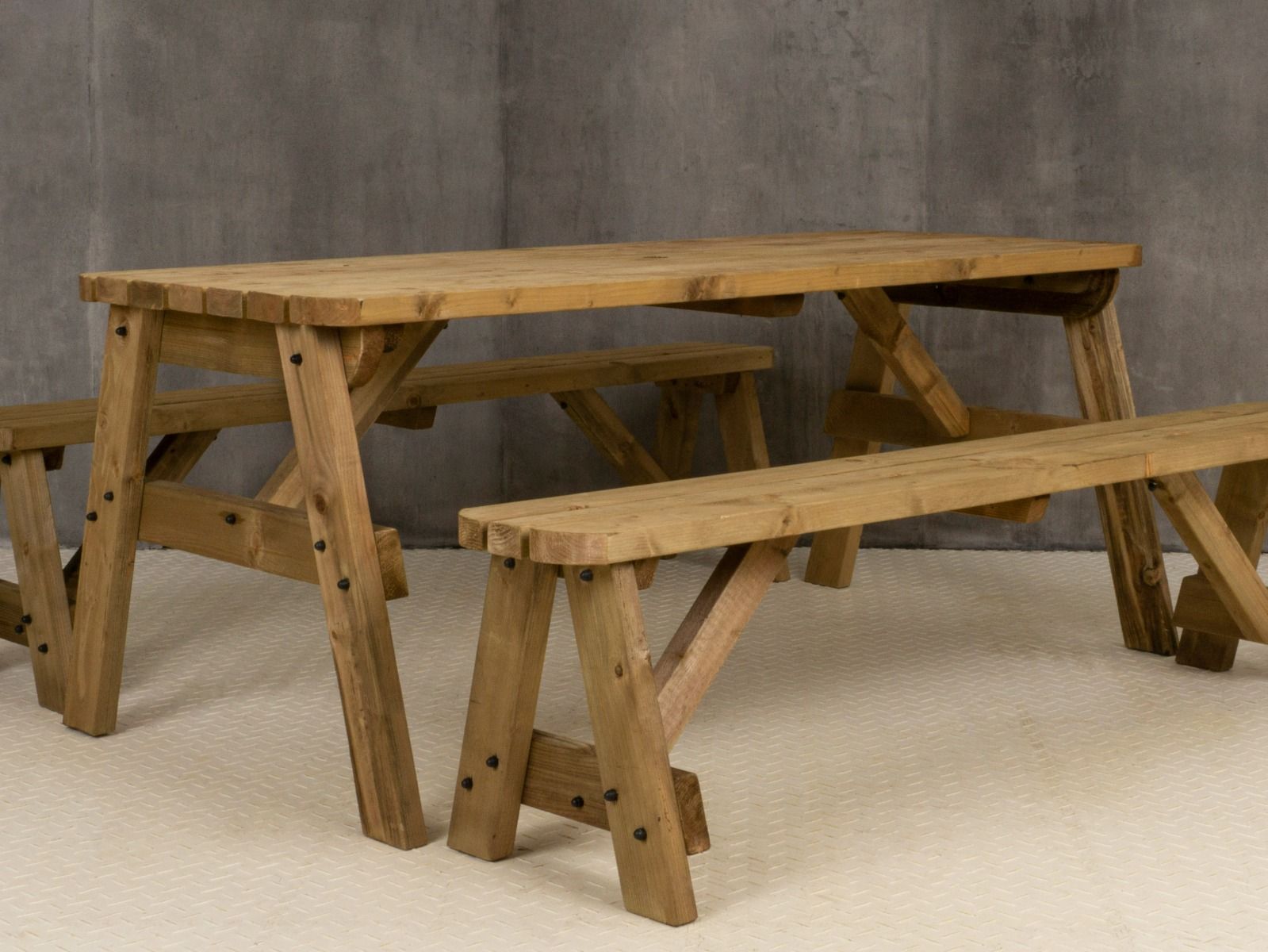 Victoria Rounded Picnic Table and Benches Set - Rustic Finish