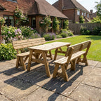 Victoria Rounded Picnic Table and Benches Set with backrest in rustic brown finish