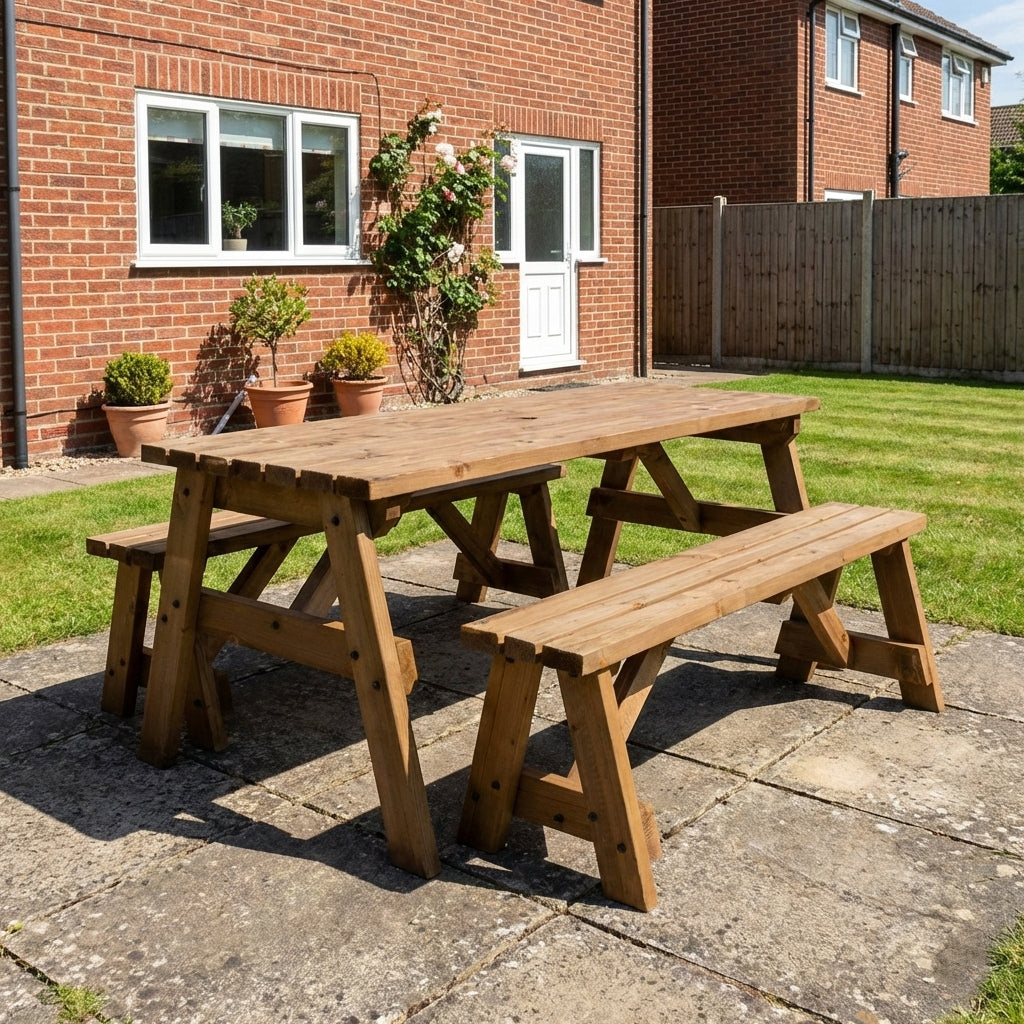Victoria Space Saving Picnic Table and Benches Set - Rustic Finish