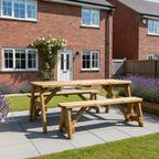 Victoria Rounded Space Saving Picnic Table and Benches Set in rustic brown finish