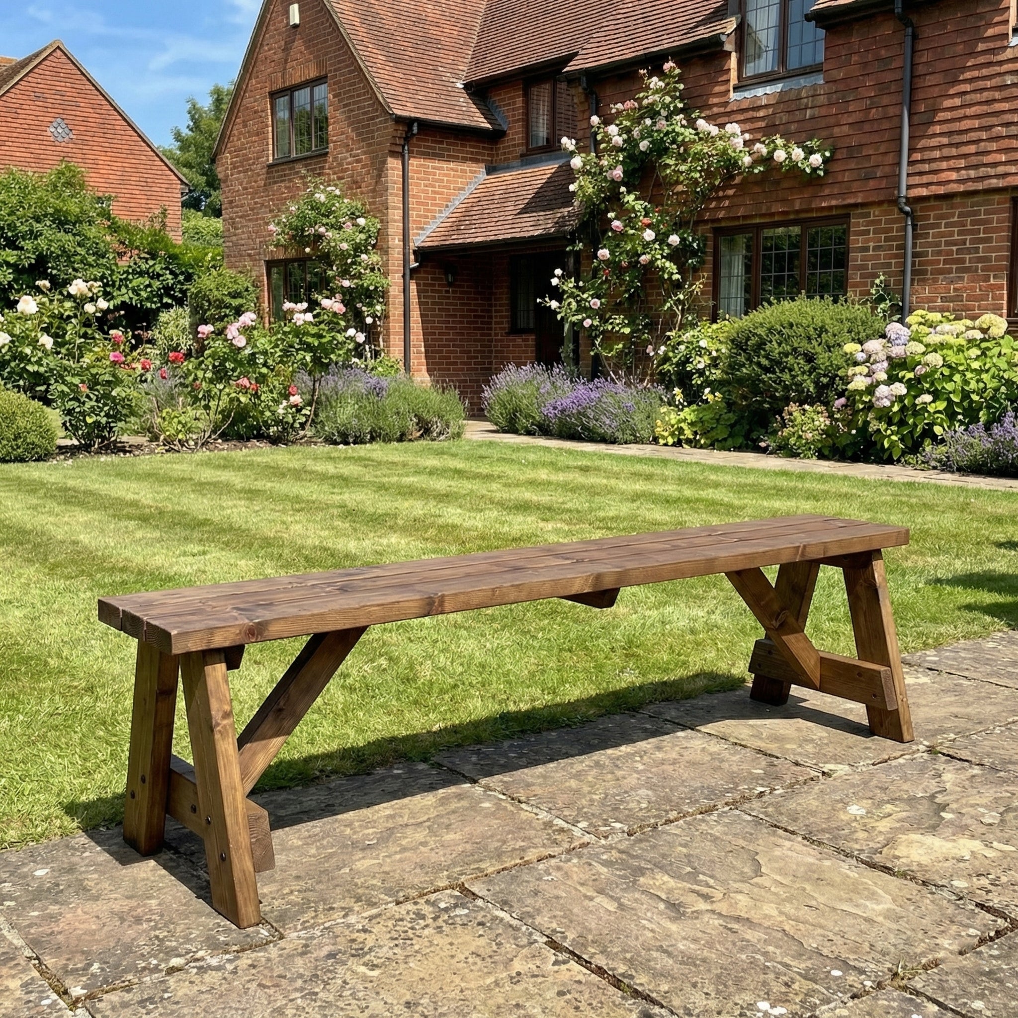Victoria Wooden Garden Bench Outdoor Fence Seat in rustic brown finish