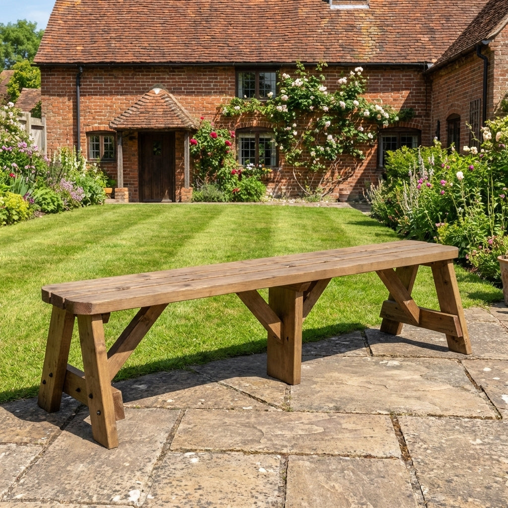 Victoria Wooden Garden Rounded Bench, Outdoor Fence Seat - Rustic Brown Finish