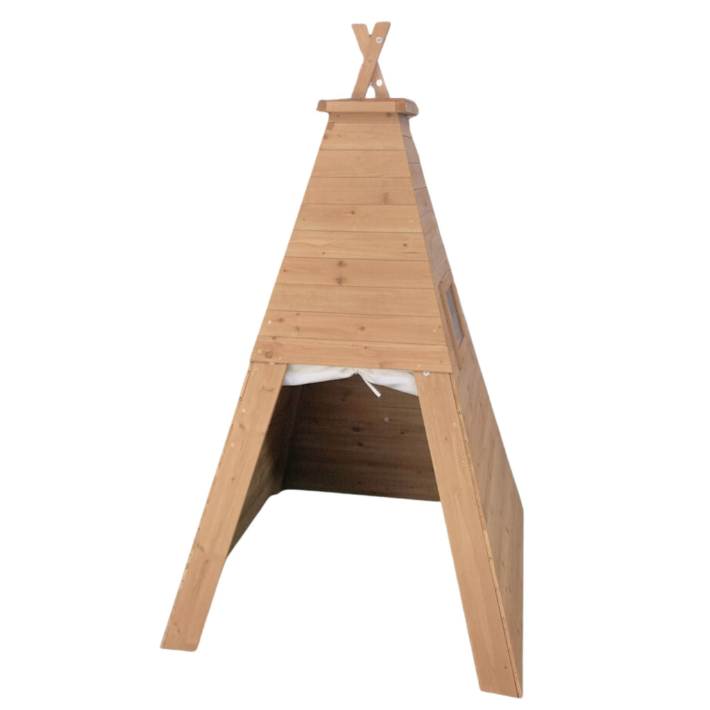 Open-base wooden teepee playhouse for indoor and outdoor children's play