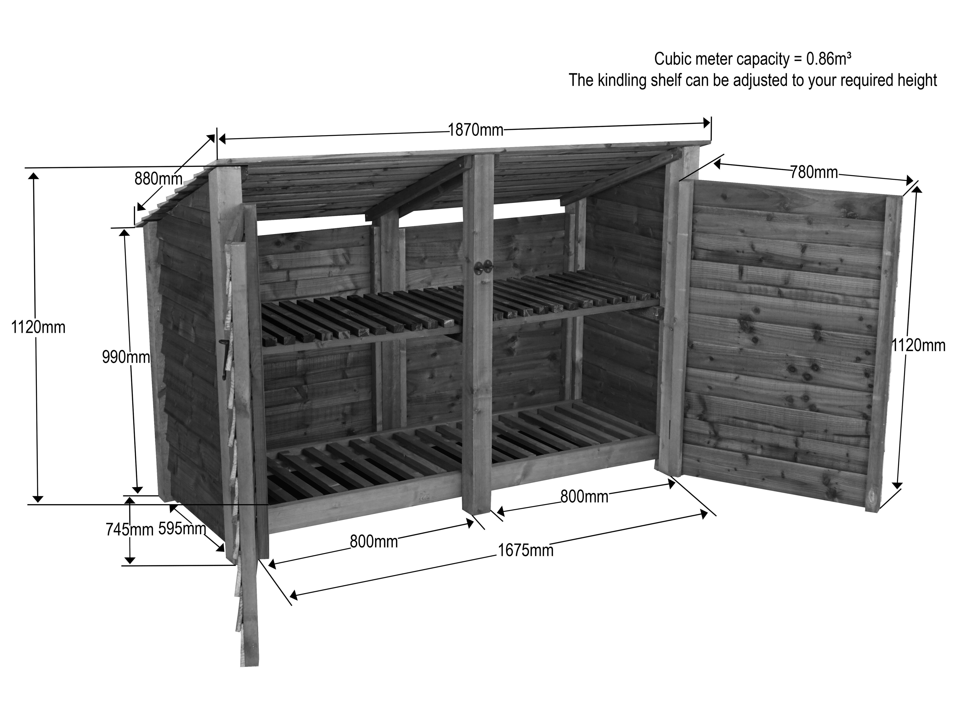 Wooden Garden Tool &amp; Log Store with Shelf | Sloping Roof Against Wall | Brown