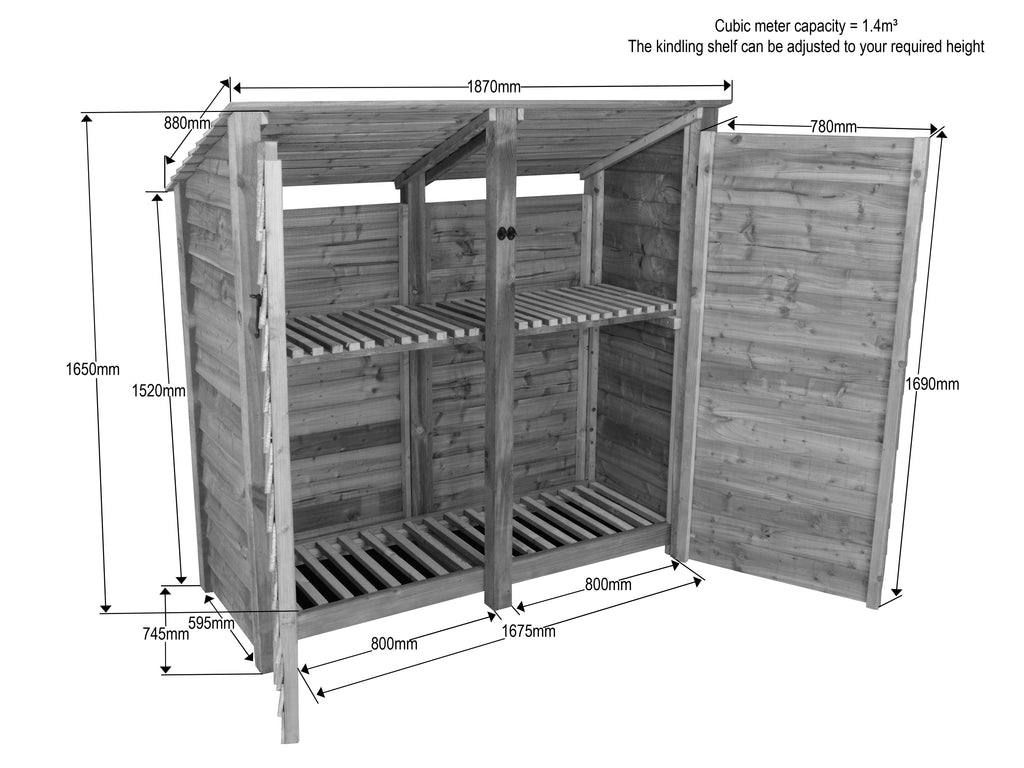 Wooden Garden Tool &amp; Log Store with Shelf | Sloping Roof Against Wall | Brown