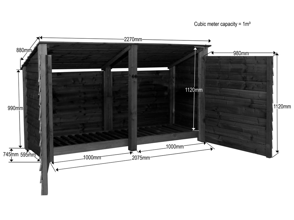 Wooden Garden Tool &amp; Log Store | Wide Sloping Roof Against Wall | 227cm
