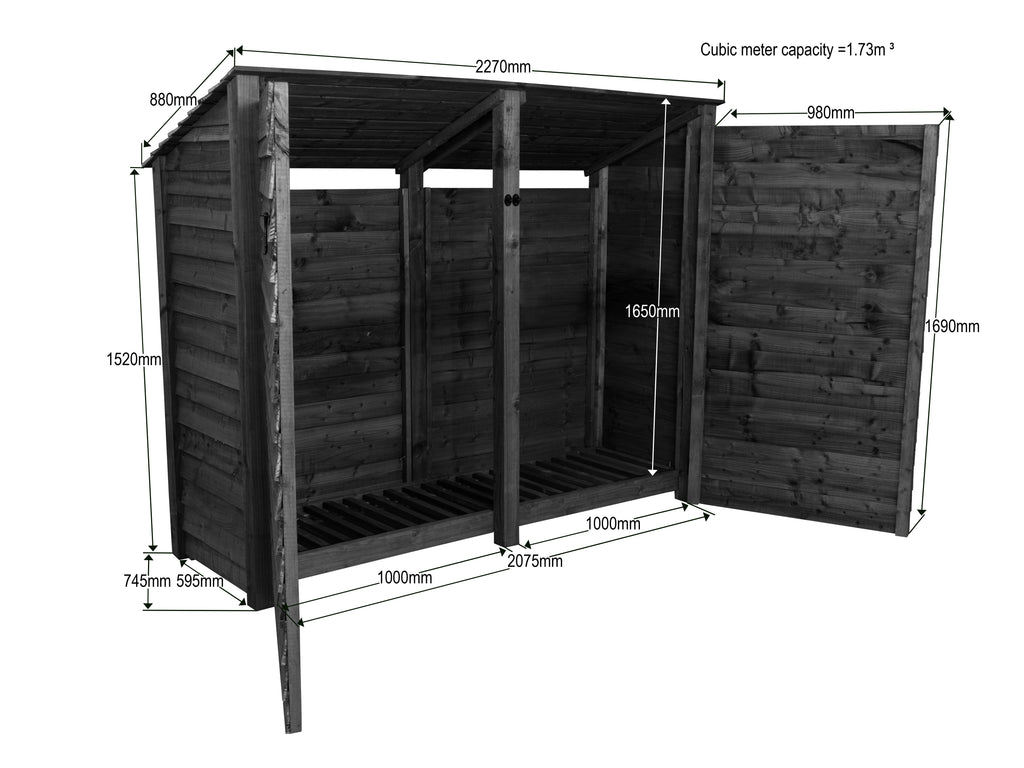 Wooden Garden Tool &amp; Log Store | Wide Sloping Roof Against Wall | 227cm