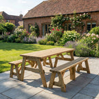 Victoria Picnic Table and Benches Set in rustic brown finish in a garden