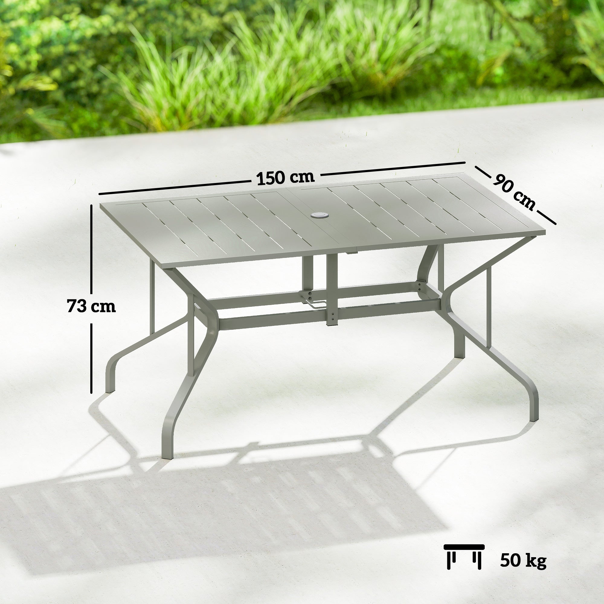 Outsunny Garden Dining Table with Parasol Hole, Outdoor Dining Table for 6, Patio Table for Balcony, 150cm x 90cm, Light Grey