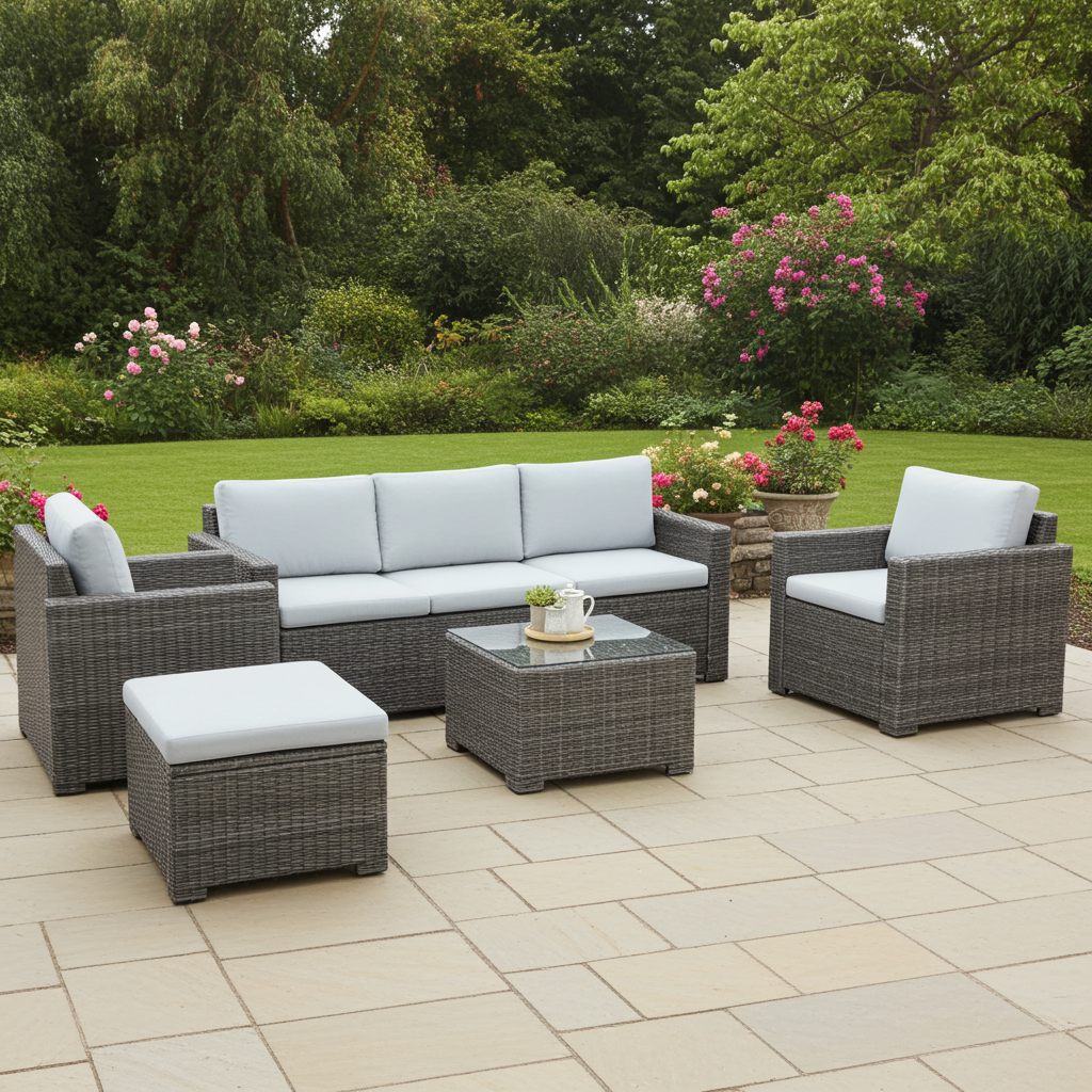 Marbella Grey 5 Seater Chaise Garden Sofa Set, Cover and Cushion Box Bundle