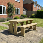 Yews Rounded Space Saving Picnic Table and Benches Set in a garden