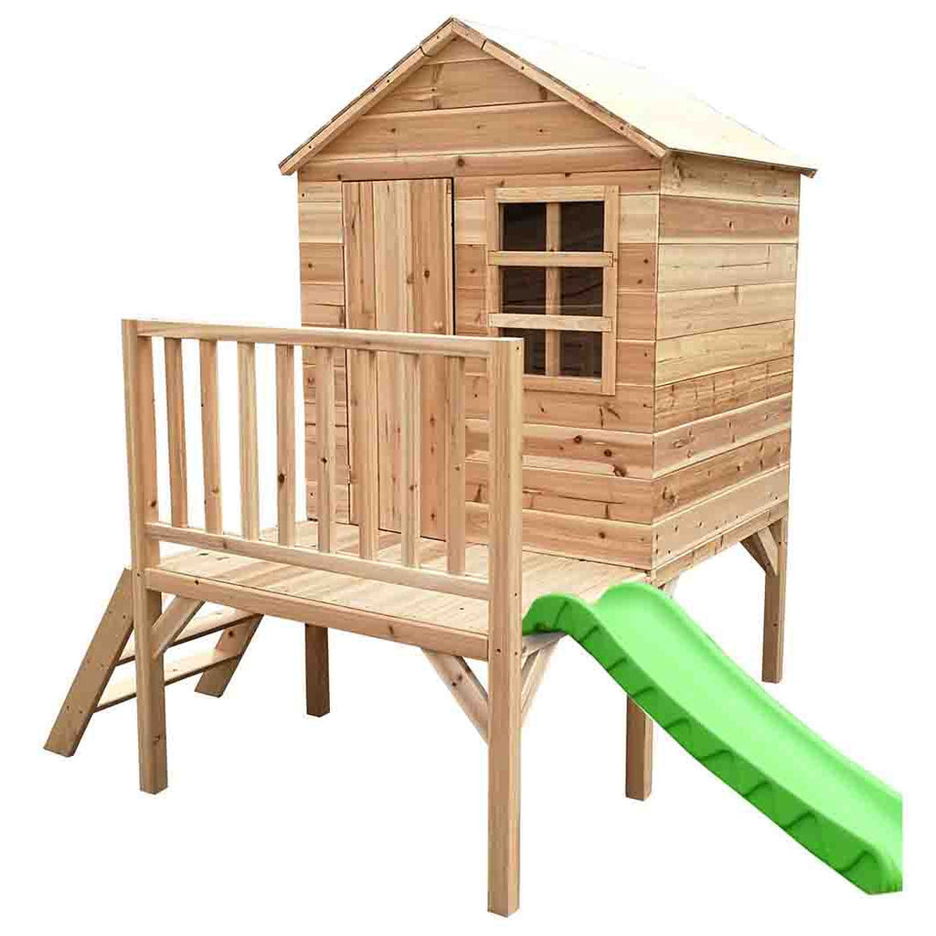 Evermeadow raised wooden tower playhouse with slide for the garden