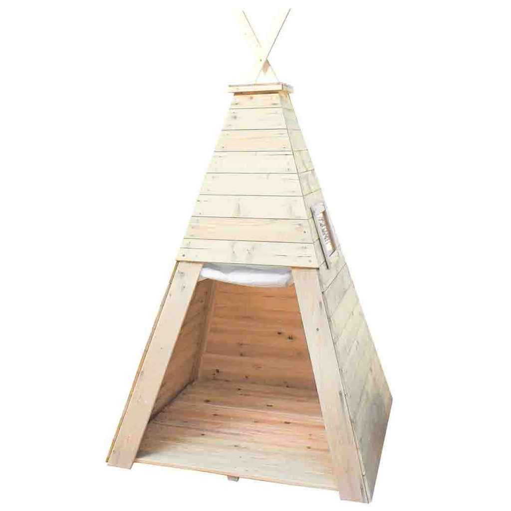 Wooden teepee playhouse with raised floor for indoor and outdoor children's play