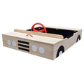Car-shaped wooden sandpit with steering wheel and weatherproof cover for kids