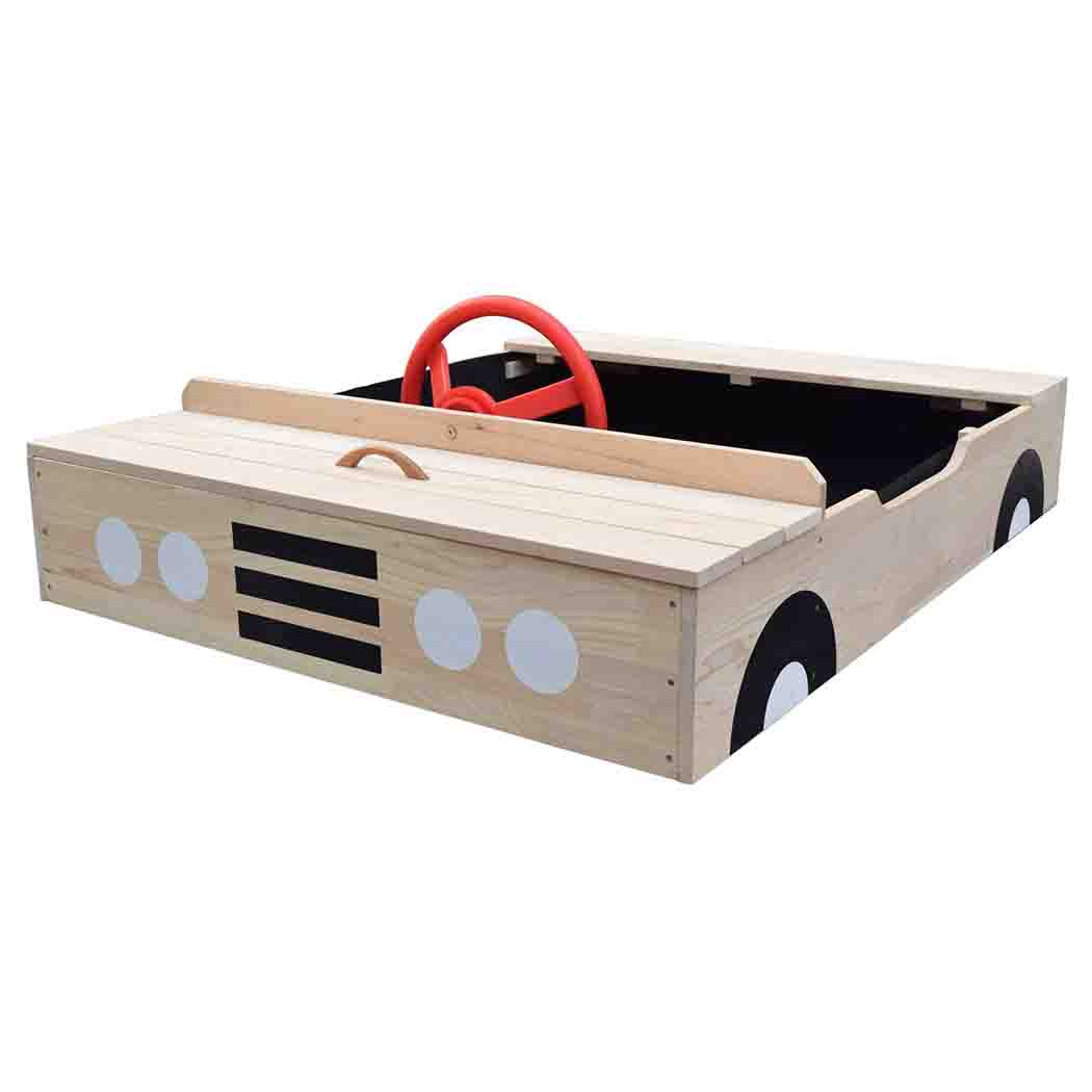 Car-shaped wooden sandpit with steering wheel and weatherproof cover for kids
