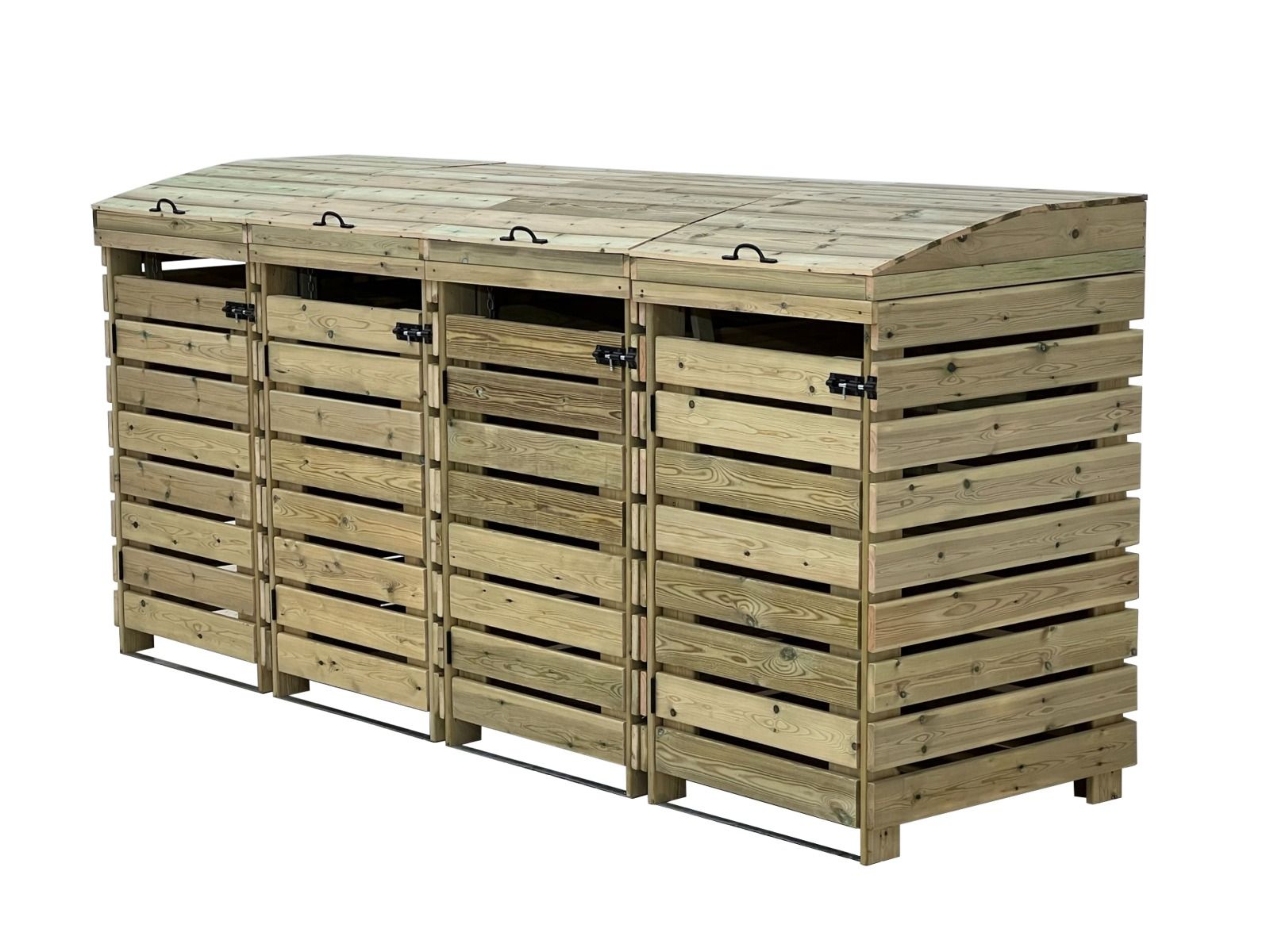 BinBreeze wooden wheelie bin storage unit hiding four bins with lift-up lids