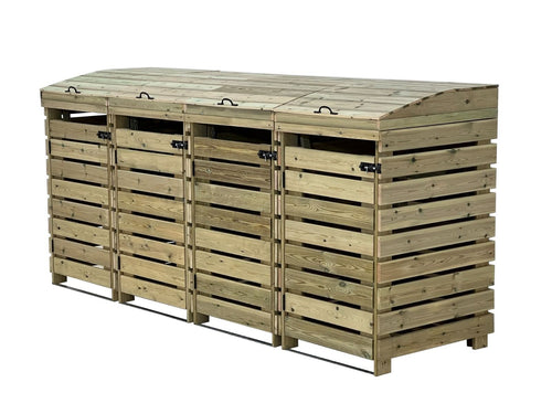 BinBreeze wooden wheelie bin storage unit hiding four bins with lift-up lids