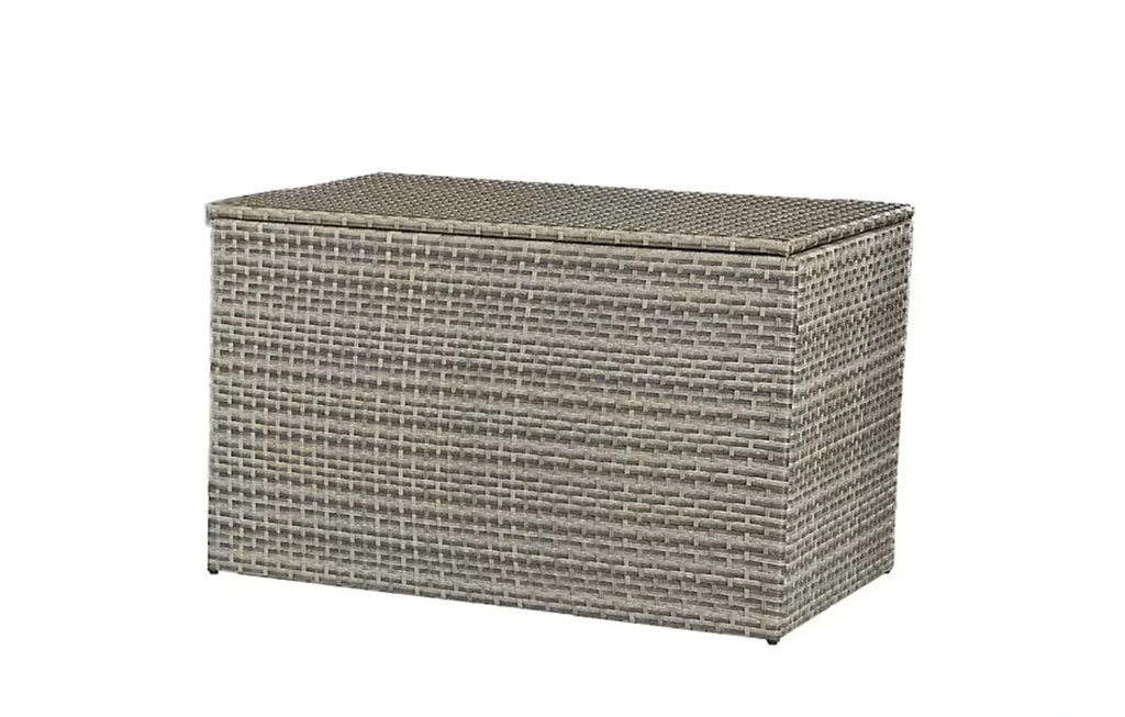 Universal grey rattan waterproof cushion storage box with hinged lid, 113cm