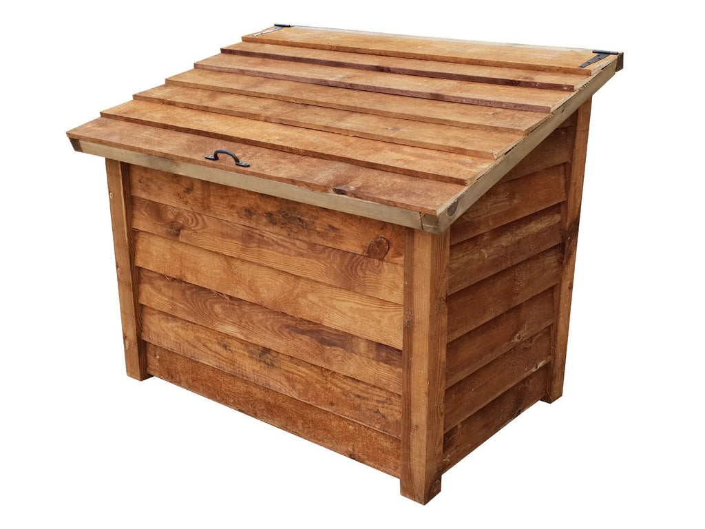 Brown wooden featheredge log chest firewood store with slanted hinged lid