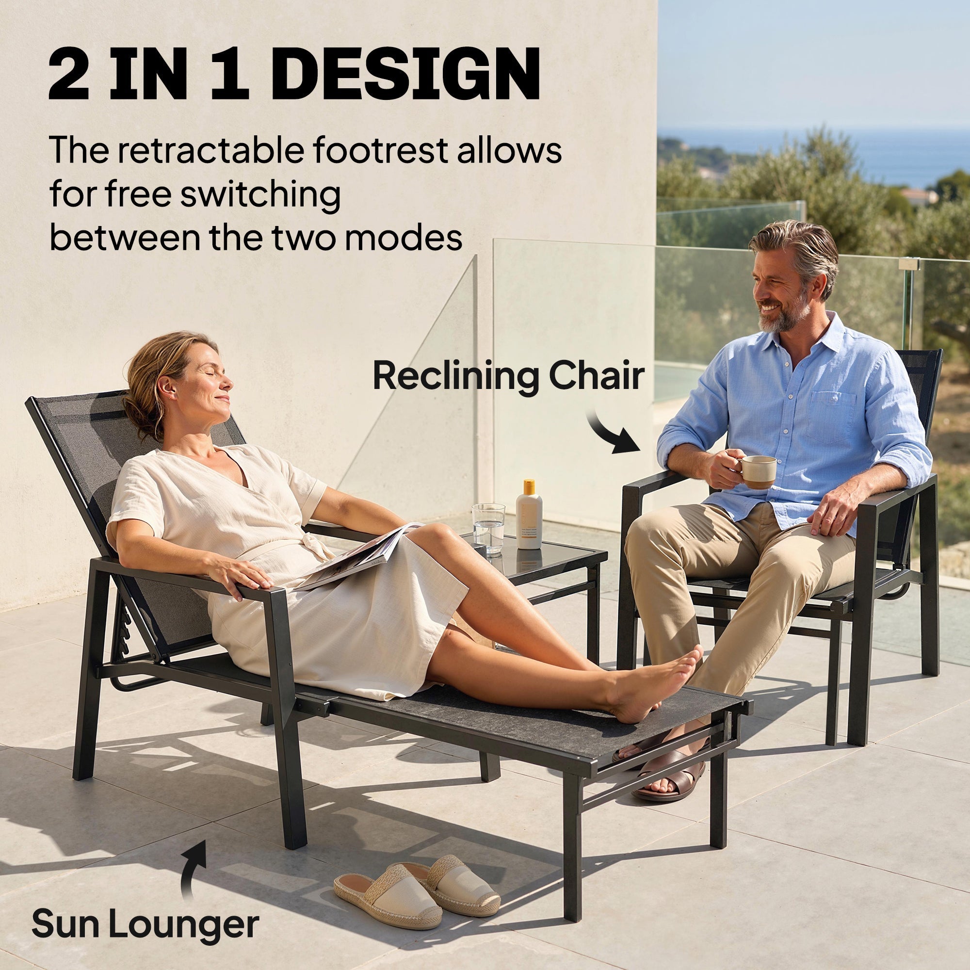 Sun Loungers Set of 2 Retractable Footrest 5-Position Adjustable Steel Frame for Beach, Porch, Patio, Camping, Black