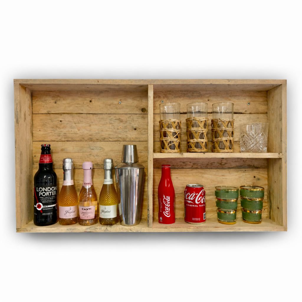 Rustic Wooden Bar + Bar Stools + Shelving Unit