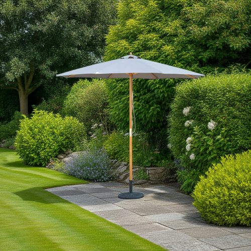 Bali Grey Wooden Parasol 2.85m in a British garden