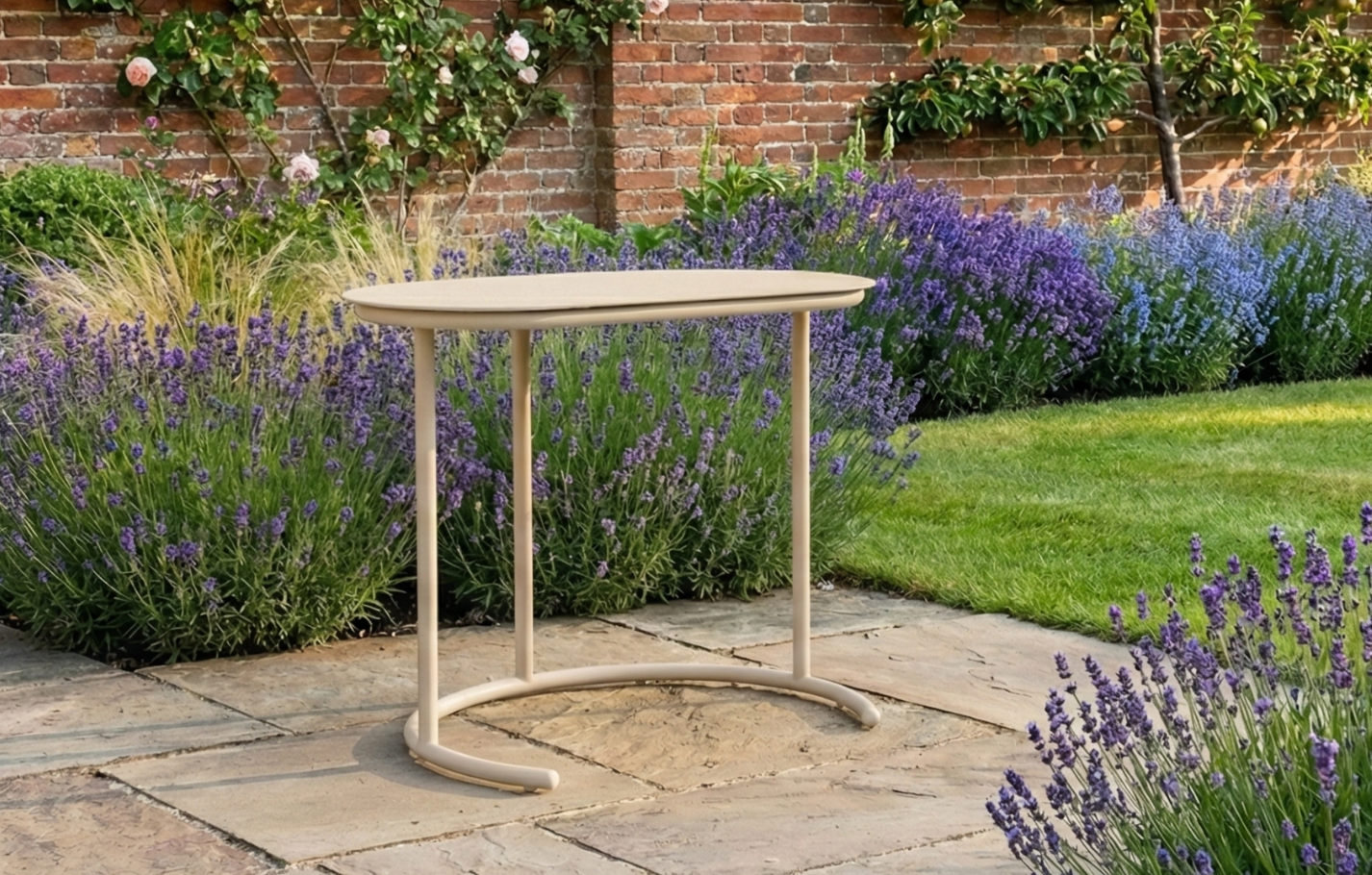 Kiki C-Shaped Metal Garden Side Table in sand finish