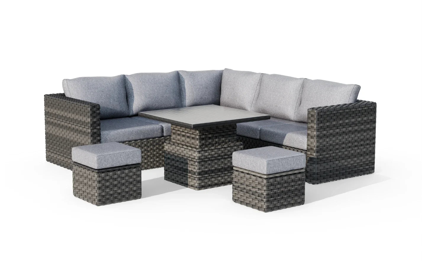 Lima 7 Seater Grey Rattan Garden Corner Sofa Set with Up-Down Table, Stools & Cover