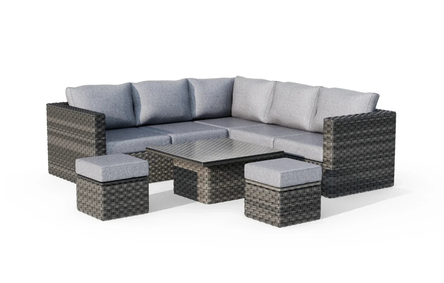 Lima 7 Seater Grey Rattan Garden Corner Sofa Set with Up-Down Table, Stools & Cover