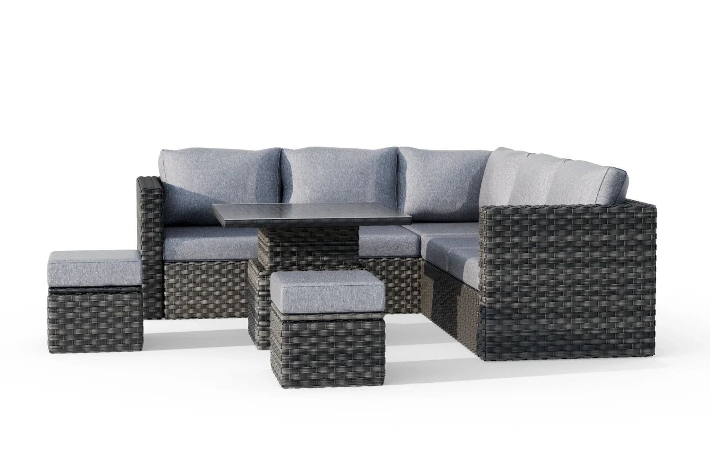 Lima 7 Seater Grey Rattan Garden Corner Sofa Set with Up-Down Table, Stools & Cover